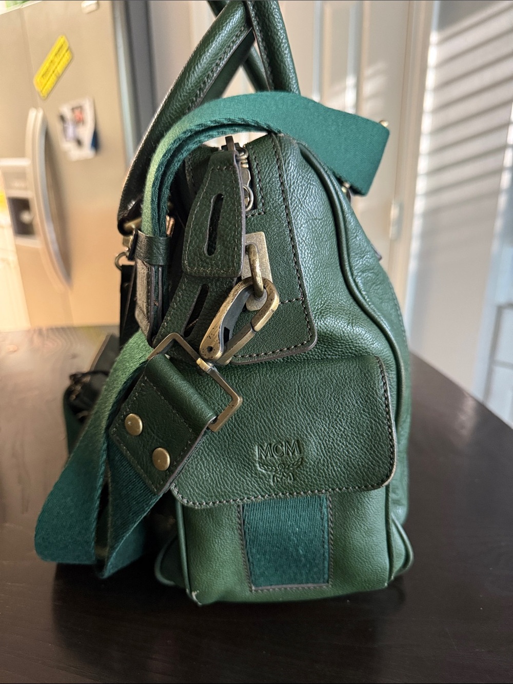 MCM Dark Green Leather Satchel with Removable Canvas Strap - Picture 7 of 16